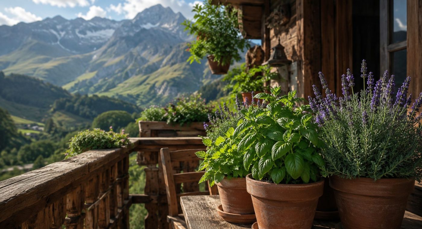 Plantes répulsives naturelles sur balcon de chalet alpin - Nevia Services