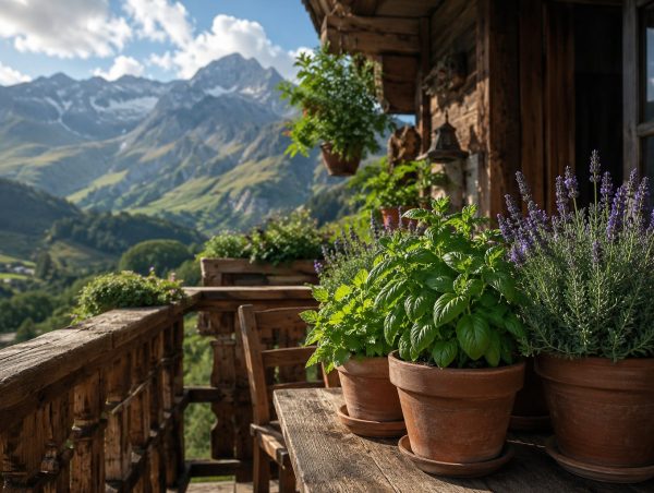 Plantes répulsives naturelles sur balcon de chalet alpin - Nevia Services