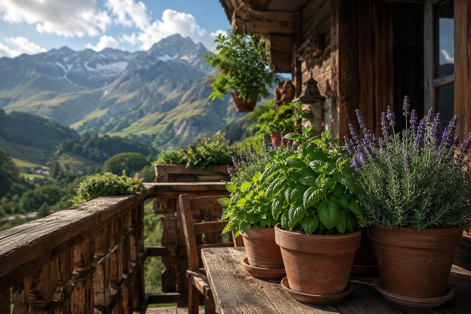Plantes répulsives naturelles sur balcon de chalet alpin - Nevia Services